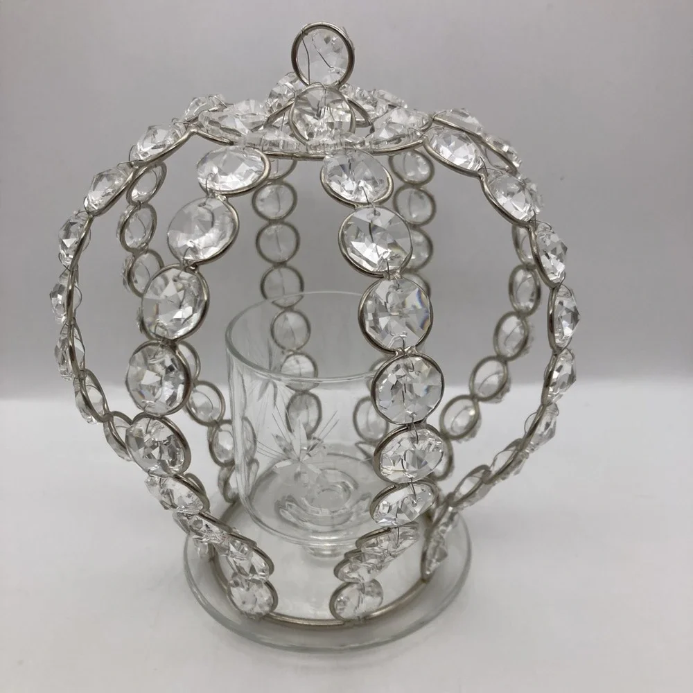 Crown Shaped Candle Holder Silver Toned Metal With Crystal Beads Etched Glass - Picture 4 of 6